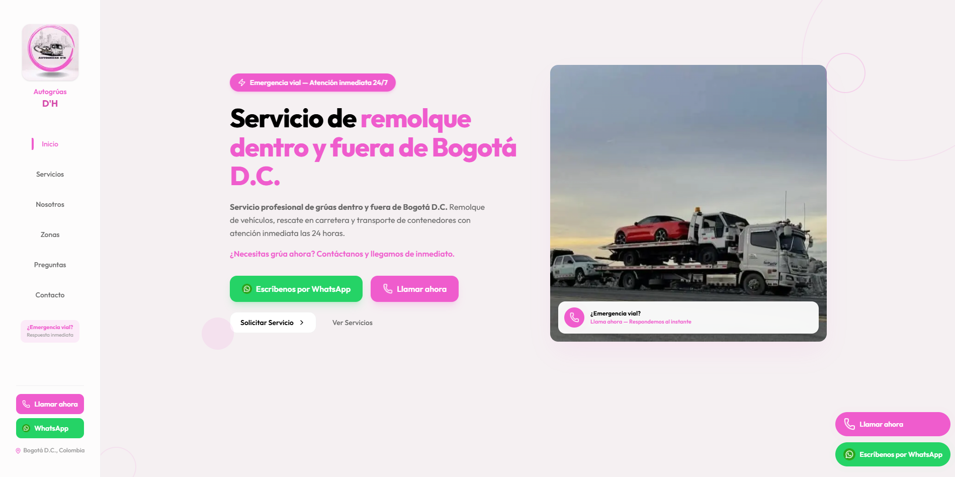 Captura del sitio web AutoGruasDH - Servicio de grúas con contacto directo